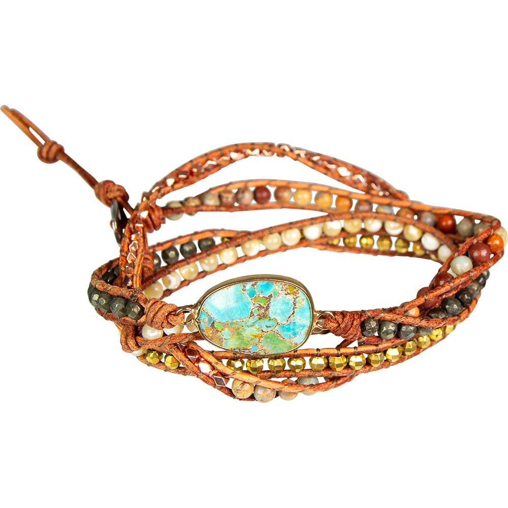 37&quot; Wrap Bracelet Leather &amp; Mixed Gemstones with Imperial Jasper Accent, SKU KH-98379, UPC 70031739…