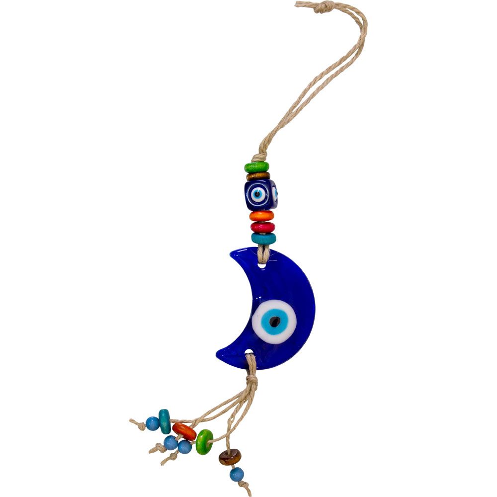 9&quot; Evil Eye Talisman - Hemp Rope w/ Beads &amp; Crescent Moon, SKU KH-63447, UPC 700317117346