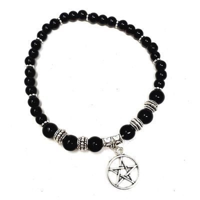 Gemstone Elastic Anklet - Black Obsidian with Pentacle, SKU ANK-02, UPC 700317304029