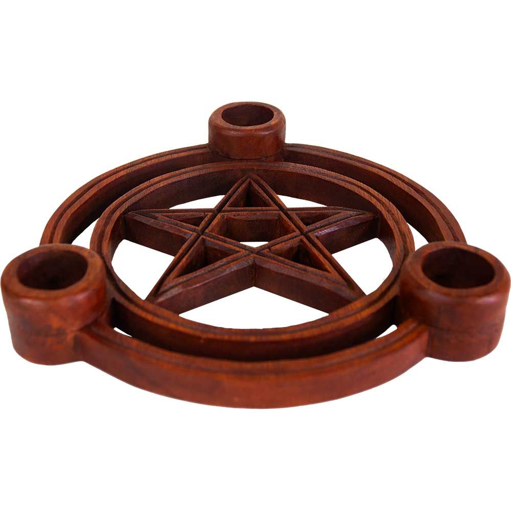 10.75&quot; Pentacle Wood Triple Tealight Candle Holder, SKU KH-65172, UPC 700317390060