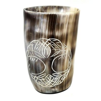 5&quot; Handcrafted Natural Buffalo Horn Cup - Tree of Life, SKU MM07-D, UPC 700317309666