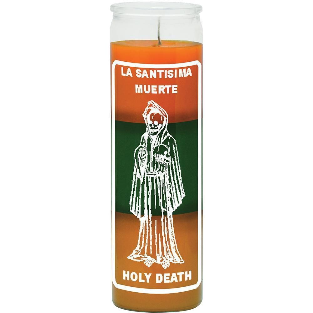 7 Day Glass Candle Holy Death - Orange / Green / Gold, SKU WP-577-357, UPC 6016215372379