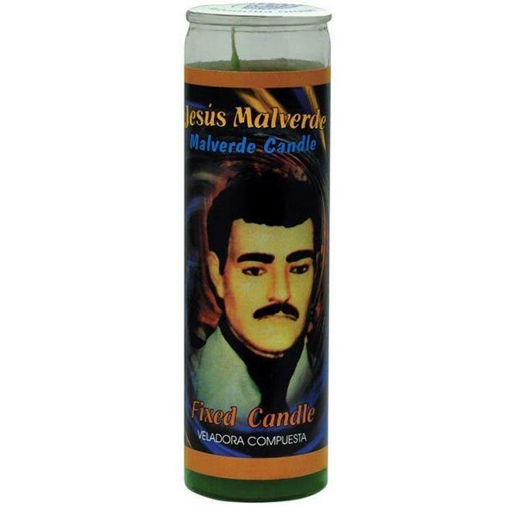 7 Day Glass Candle Velas Misticas - Jesus Malverde - Green, SKU WP-0060-608, UPC 6016218627612
