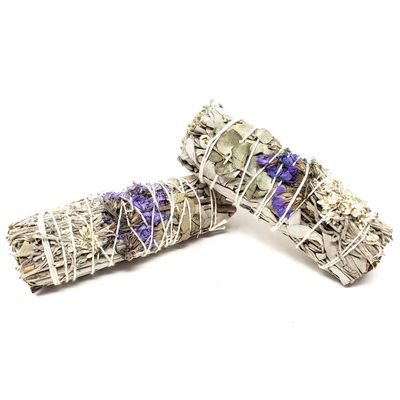 4&quot; White Sage, Green Eucalyptus, Purple Sinuata Flower &amp; Lavender Flower Spikes Smudge Stick, SKU S…