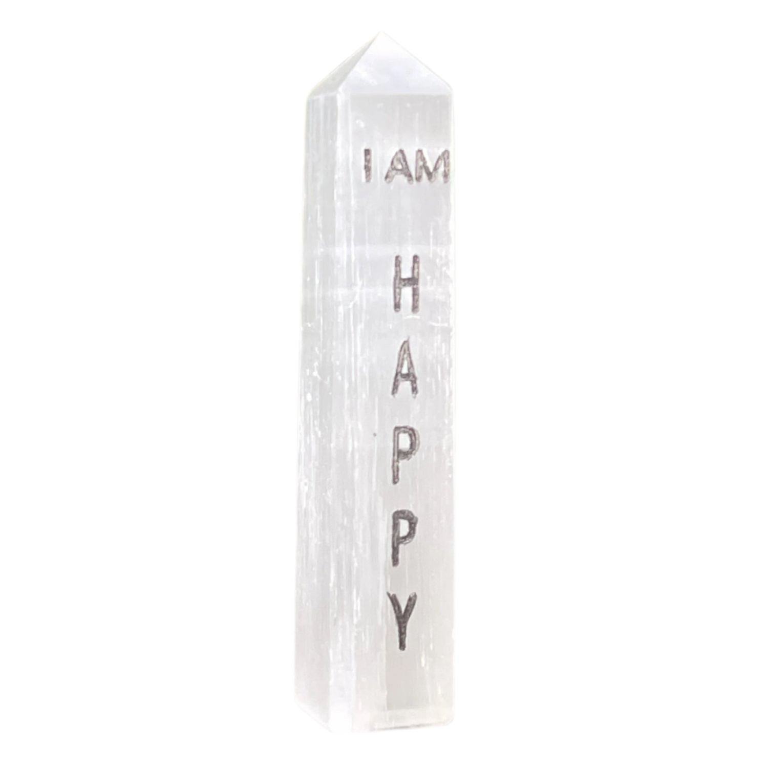 4&quot; Selenite Affirmation Obelisk Tower - I AM Happy, SKU AFTW-01, UPC 6016012637626