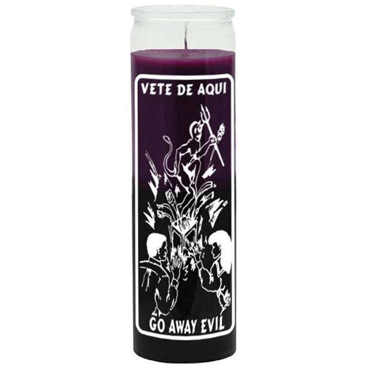 7 Day Glass Candle 2 Color Go Away Evil - Purple / Black, SKU WP-576-296, UPC 6016235187182