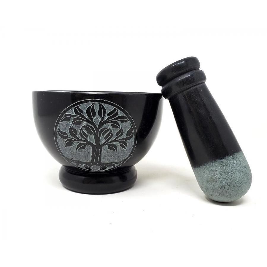 3&quot; x 4&quot; Tree of Life Carved Black Soapstone Mortar &amp; Pestle, SKU SOB53, UPC 6016209955939