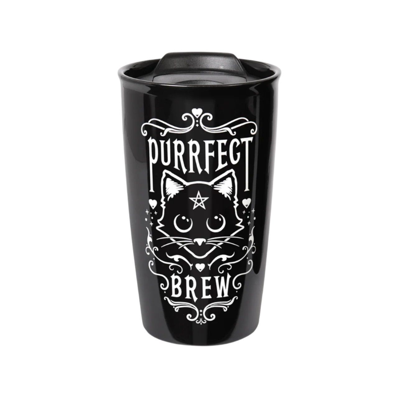 12 oz Black Ceramic Travel Mug - Purrfect Brew, SKU PG-14131, UPC 700317028734