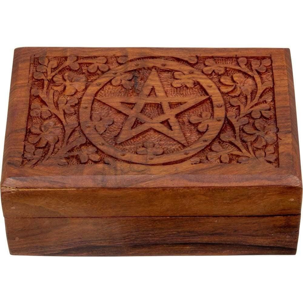 4&quot; x 6&quot; Pentagram Carved Wood Box, SKU CW46, UPC 6016238980957