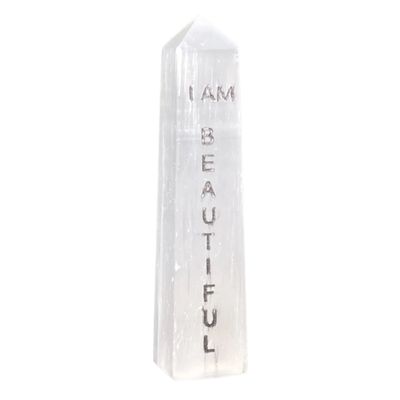 4&quot; Selenite Affirmation Obelisk Tower - I AM Beautiful, SKU AFTW-10, UPC 6016209974923