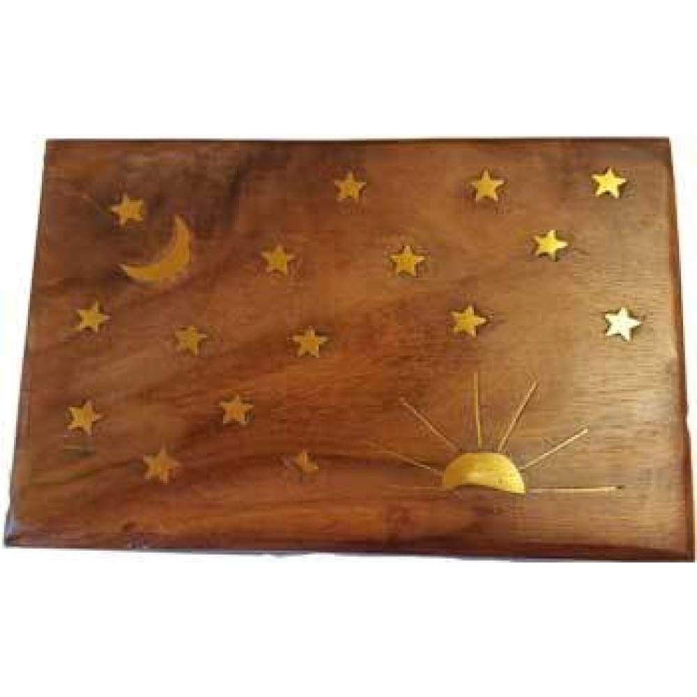 4&quot; x 6&quot; Stars &amp; Moon Brass Inlay Box, SKU 16821, UPC 6016219163119