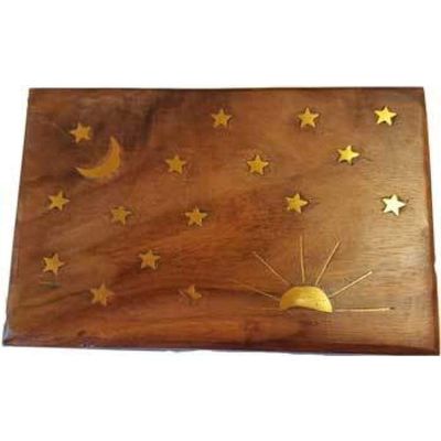 4&quot; x 6&quot; Stars &amp; Moon Brass Inlay Box, SKU 16821, UPC 6016219163119