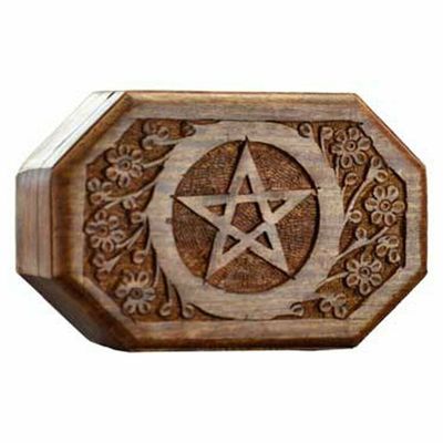 4&quot; x 6&quot; Pentacle Hexagon Carved Wood Box, SKU 624, UPC 6016208270224