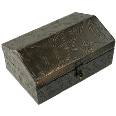 4&quot; x 6&quot; Triple Moon Pentagram Metal Covered Wood Box, SKU 700, UPC 6016213059005
