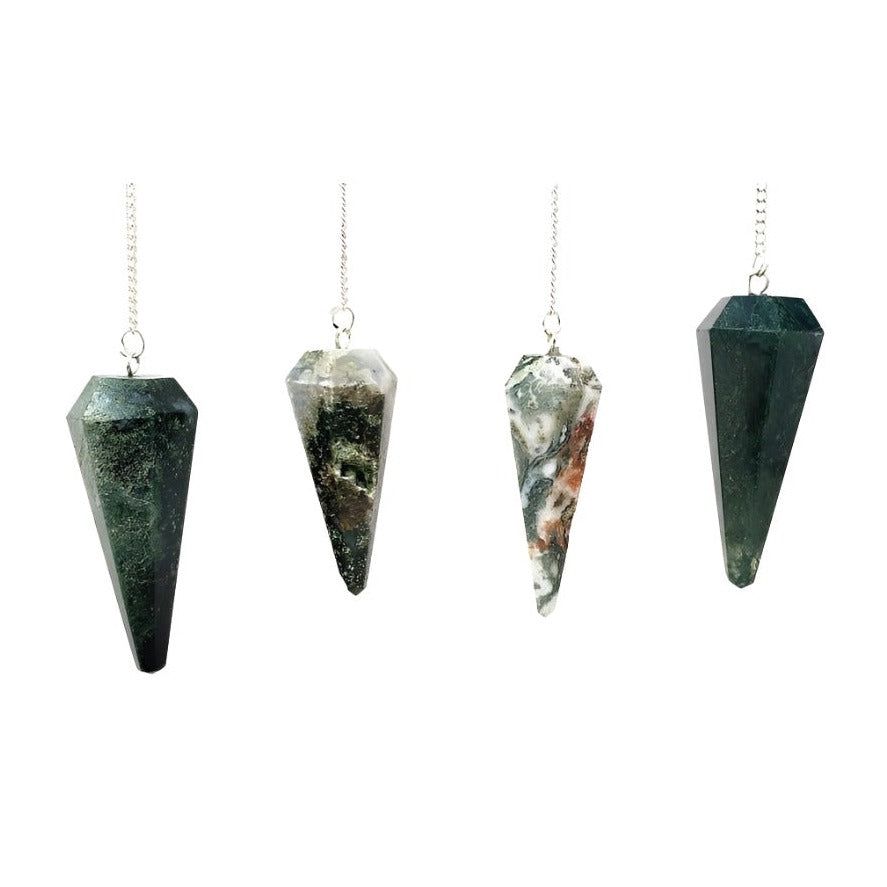 6-Sided Pendulum - Moss Agate, SKU PEND-45, UPC 700317302001