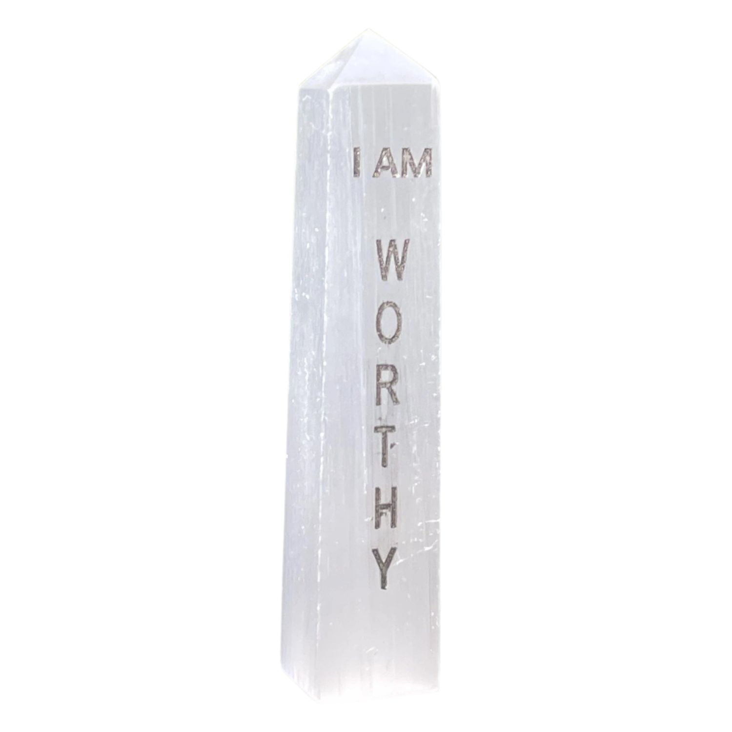 4&quot; Selenite Affirmation Obelisk Tower - I AM Worthy, SKU AFTW-06, UPC 6016206572542