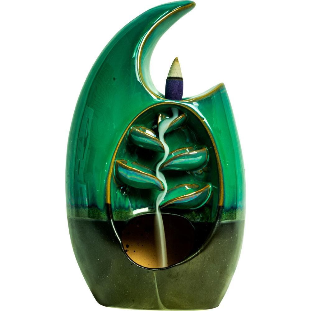 Ceramic Backflow Incense Burner - Crescent Cascading Leaves, SKU KH-89686, UPC 6016201050038