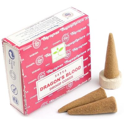 Dragon&#39;s Blood Satya Dhoop Incense Cones (12 Pack), SKU SDB12, UPC 6016226828889