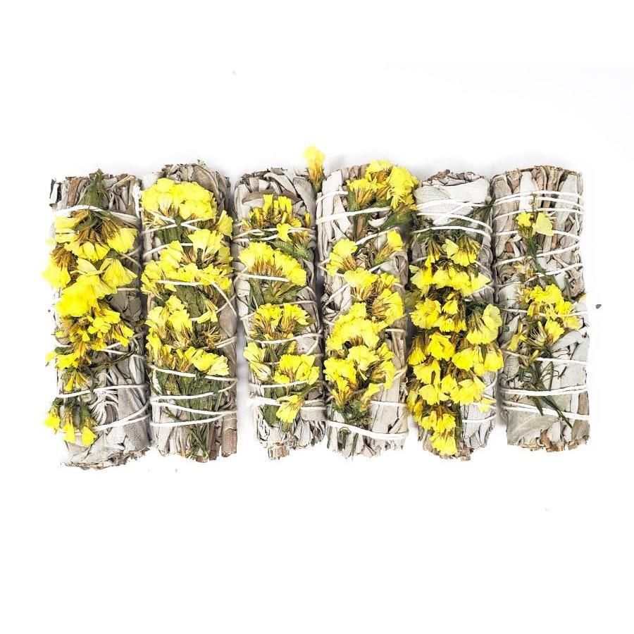 4&quot; Yellow Sinuata &amp; White Sage Smudge Stick, SKU SB60, UPC 6016200783715