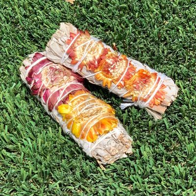 4&quot; Paperflower &amp; White Sage Smudge Stick, SKU SB34, UPC 6016226440432