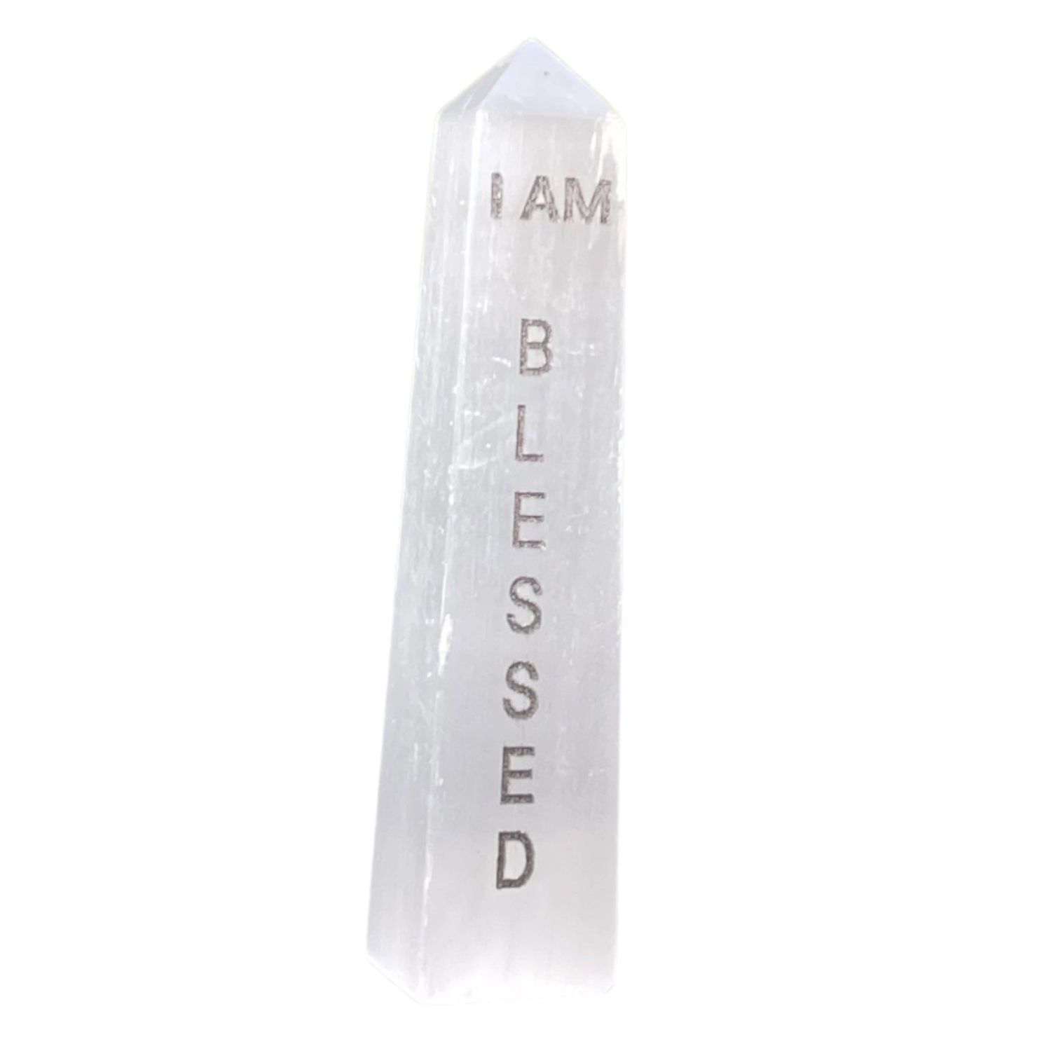 4&quot; Selenite Affirmation Obelisk Tower - I AM Blessed, SKU AFTW-08, UPC