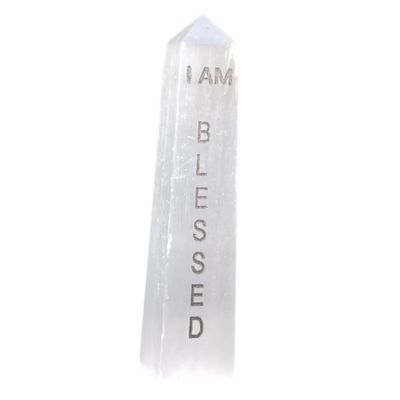 4&quot; Selenite Affirmation Obelisk Tower - I AM Blessed, SKU AFTW-08, UPC