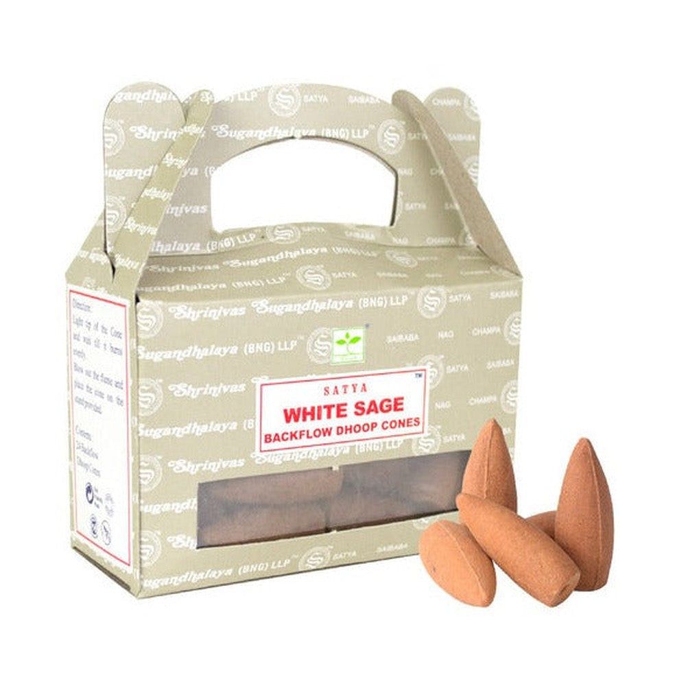 White Sage Satya Backflow Dhoop Incense Cones (24 Pack), SKU BFWS, UPC 700317305941