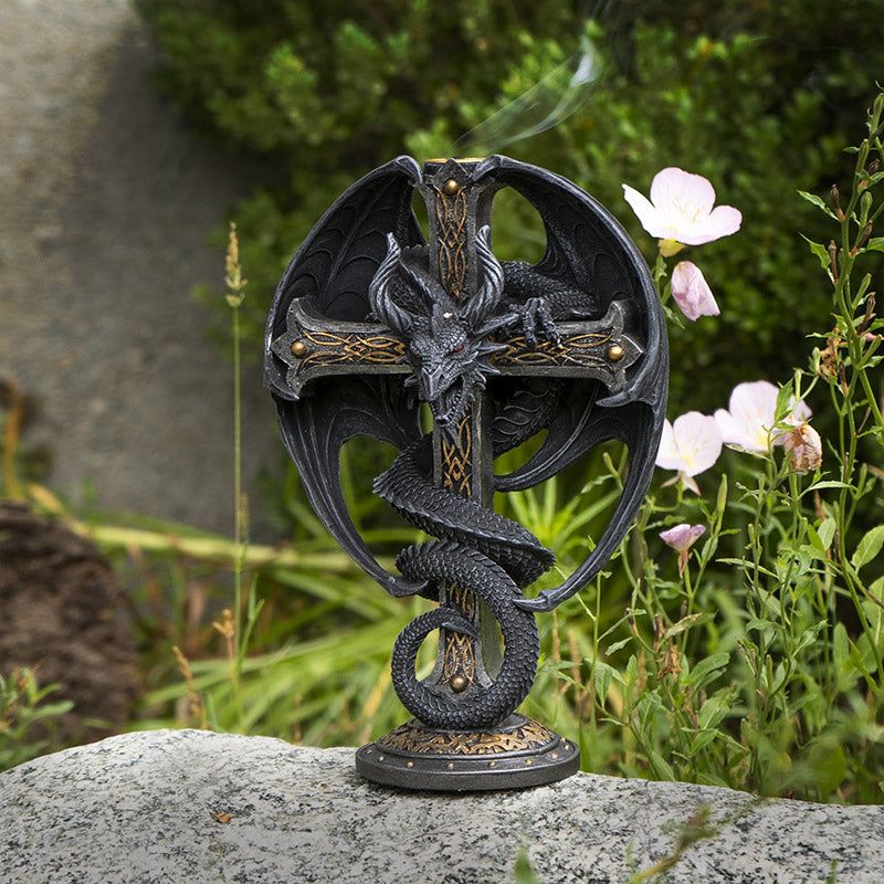 9.5&quot; Dark Dragon Candle or Cone Incense Holder, SKU PG-15369, UPC 700317300939