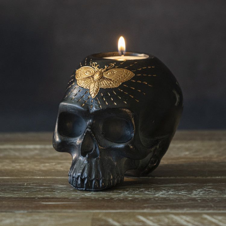 4.5&quot; Black Skull with Butterfly Tealight Candle Holder, SKU PG-15063, UPC 700317076957