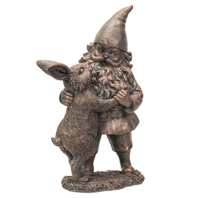 11.4&quot; Gnome Statue - Bronze Gnome with Rabbit, SKU PG-14791, UPC 700317041269