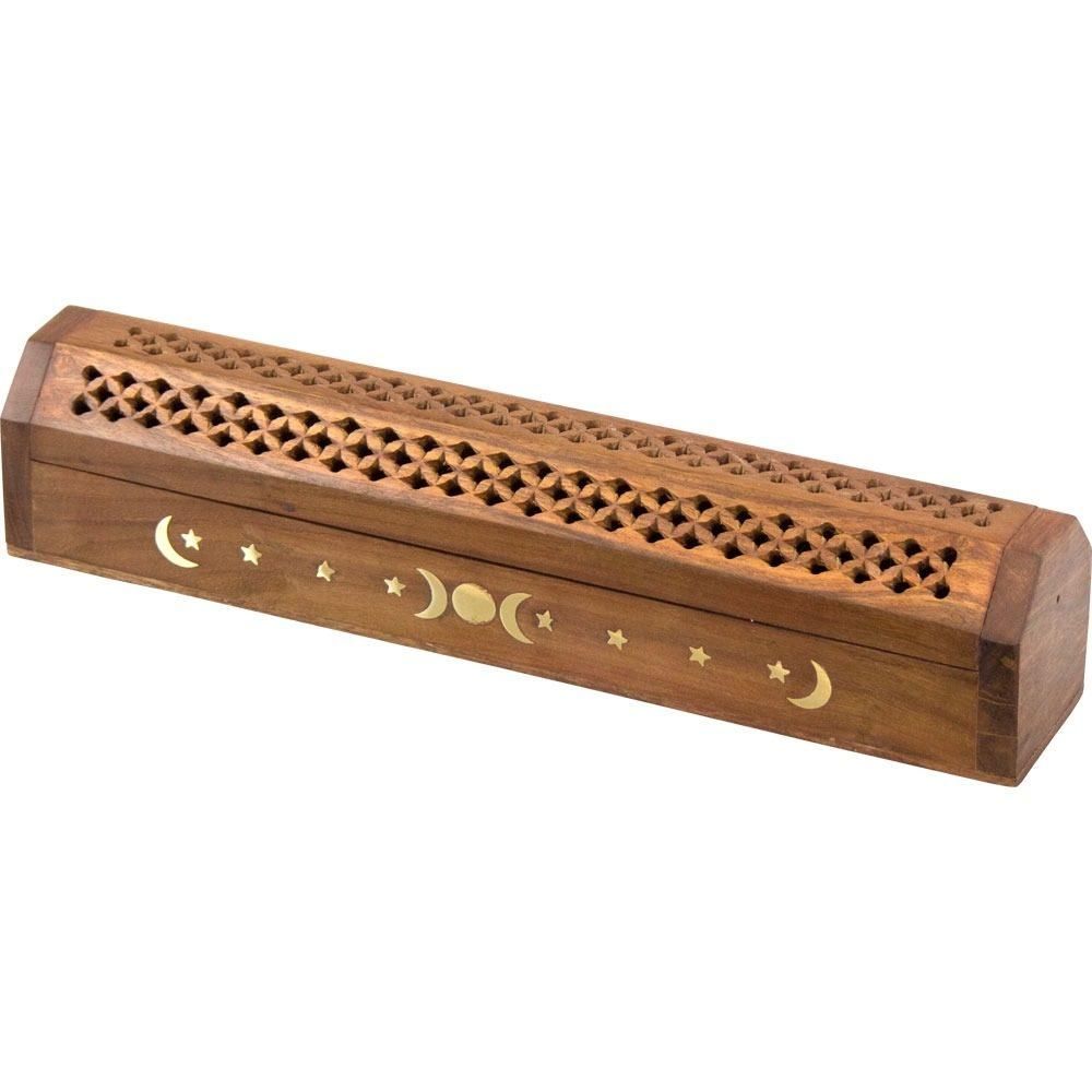 12&quot; Triple Moon Brass Inlay Wood Incense Box Burner with Storage