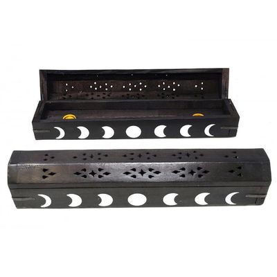12&quot; Moon Phase Black Wood Incense Box Burner with Storage