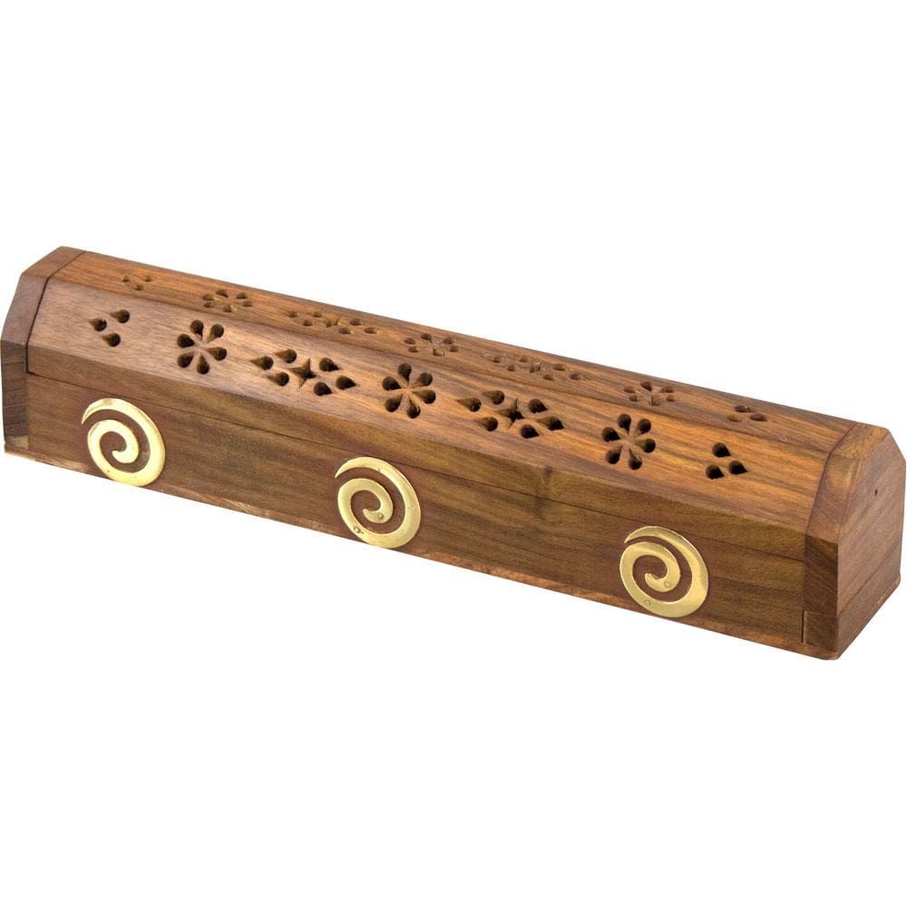 12&quot; Spiral Brass Inlay Wood Incense Box Burner with Storage