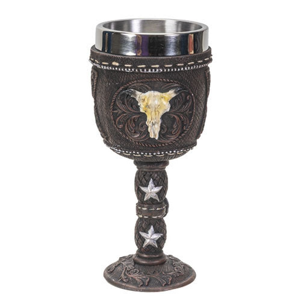 6.75&quot; Resin &amp; Stainless Steel Chalice / Goblet - Western Cow Skull