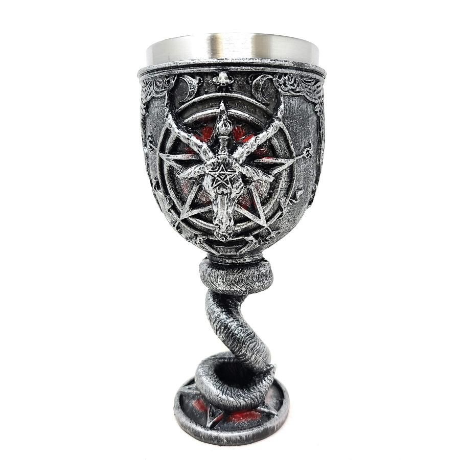 7.5&quot; Resin &amp; Stainless Steel Chalice / Goblet - Baphomet Pentagram