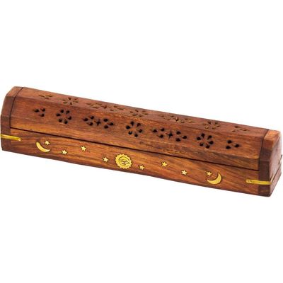 12&quot; Celestial Brass Inlay Wood Incense Box Burner with Storage