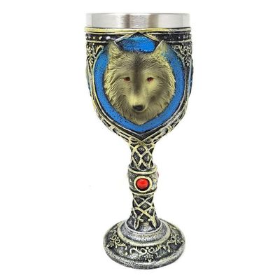 7.5&quot; Resin &amp; Stainless Steel Chalice / Goblet - Mystic Wolf