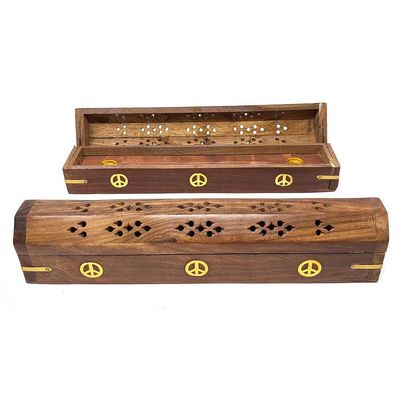 12&quot; Peace Brass Inlay Wood Incense Box Burner with Storage