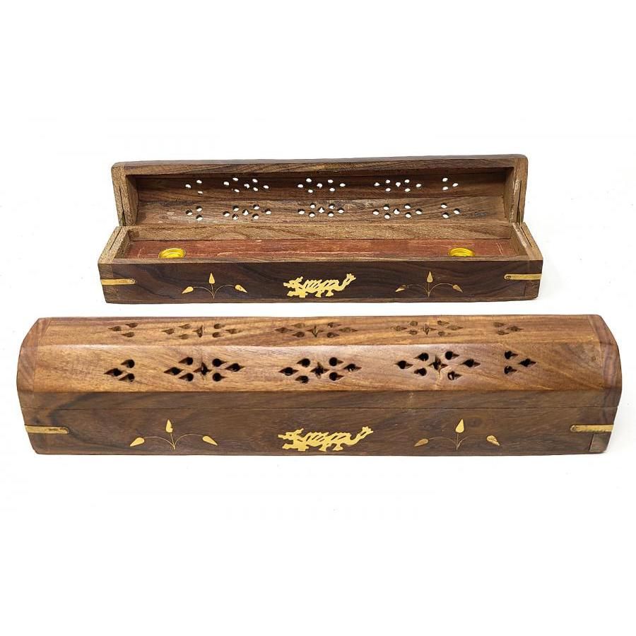12&quot; Dragon Brass Inlay Wood Incense Box Burner with Storage