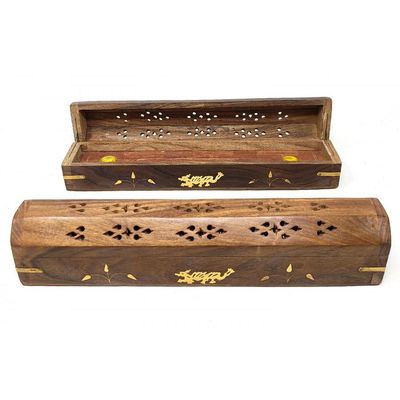 12&quot; Dragon Brass Inlay Wood Incense Box Burner with Storage
