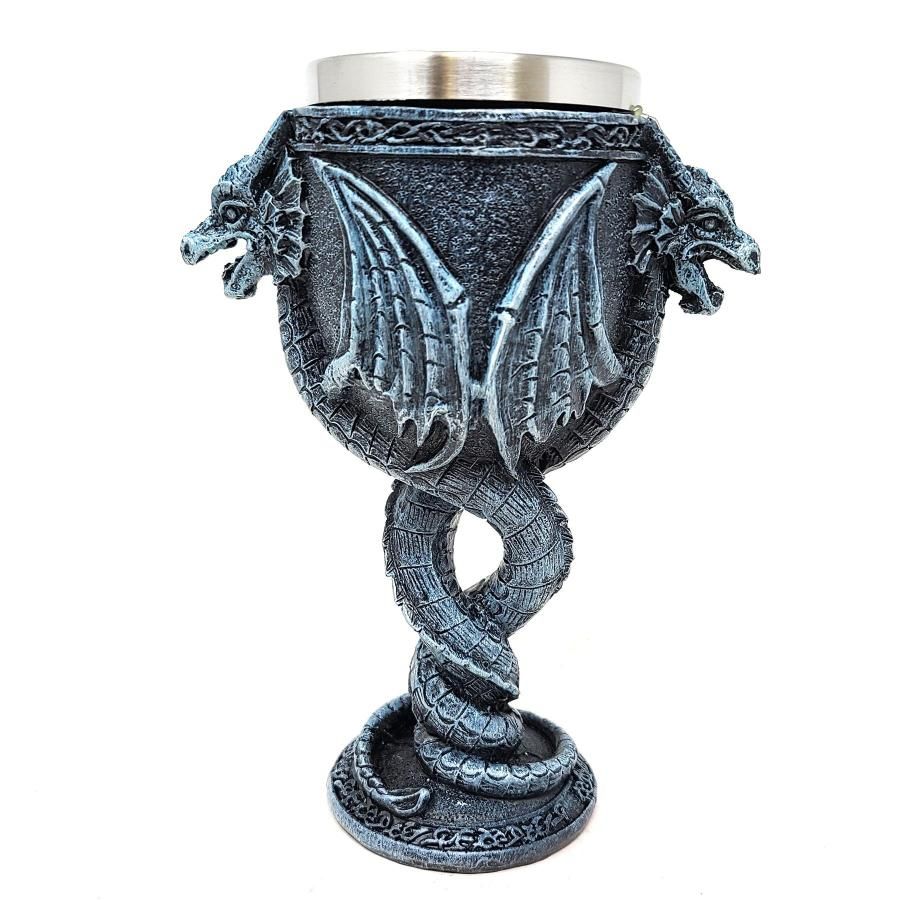 7.5&quot; Resin &amp; Stainless Steel Chalice / Goblet - Twin Dragon