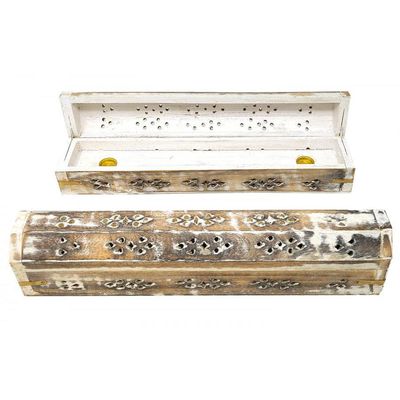 12&quot; Wood Incense Box Burner with Storage - White Wash