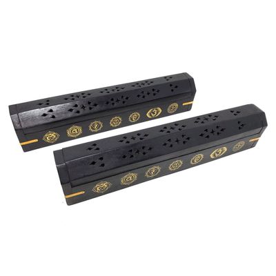 12&quot; 7 Chakra Wood Incense Box Burner with Storage - Black