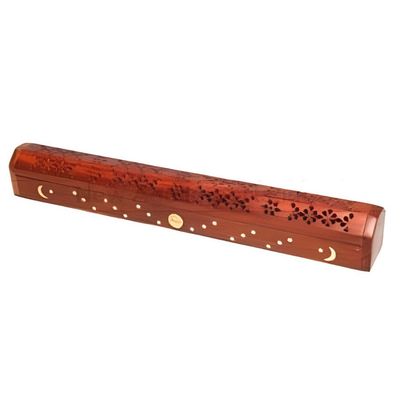 18&quot; Celestial Brass Inlay Wood Jumbo Incense Box Burner