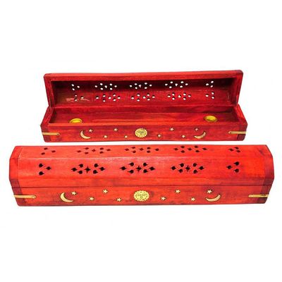 12&quot; Celestial Brass Inlay Wood Incense Box Burner with Storage - Red