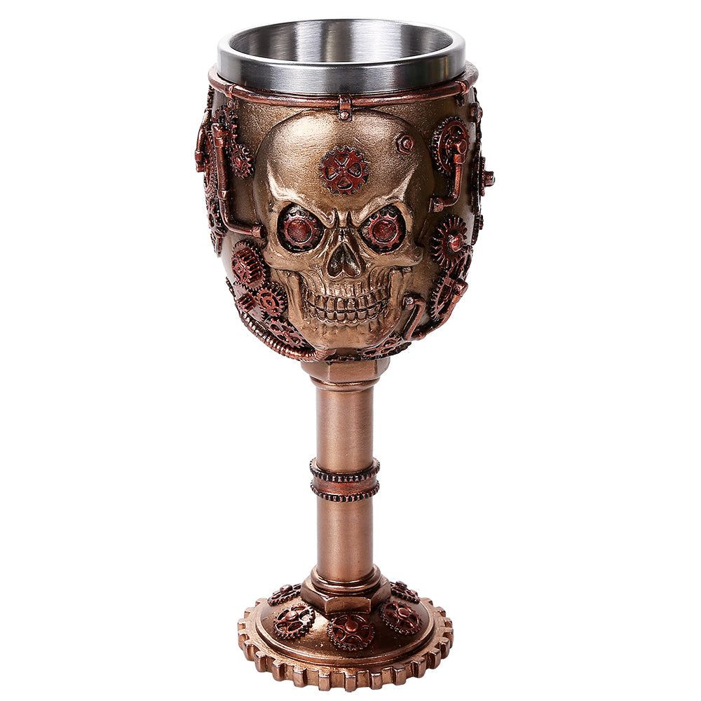 7.6&quot; Resin &amp; Stainless Steel Chalice / Goblet - Steampunk Skull
