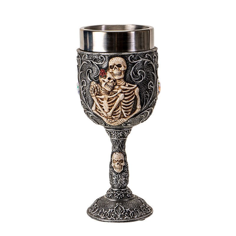 7.25&quot; Resin &amp; Stainless Steel Chalice / Goblet - Skeleton Couple