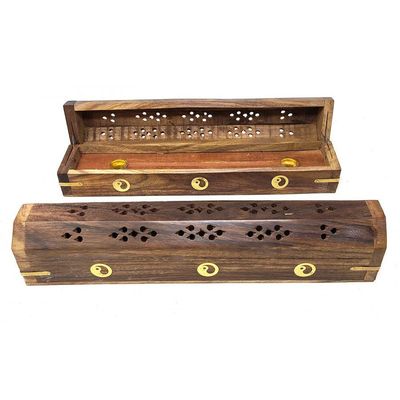 12&quot; Ying Yang Brass Inlay Wood Incense Box Burner with Storage