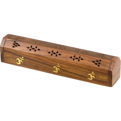 12&quot; OM Brass Inlay Wood Incense Box Burner with Storage