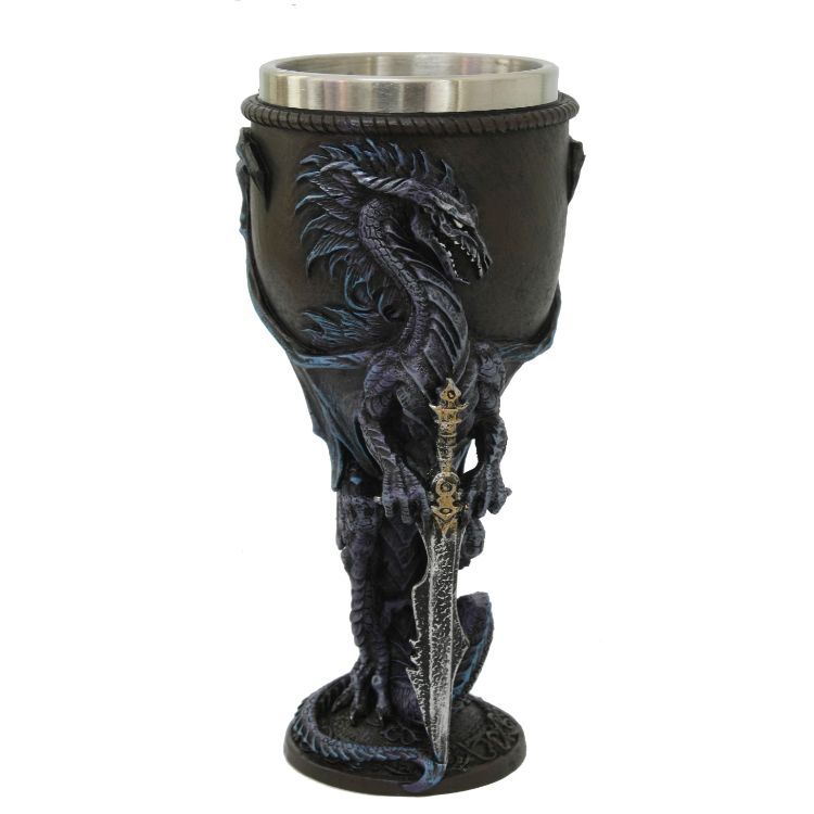 7&quot; Resin &amp; Stainless Steel Chalice / Goblet - Dragon with Sword - Dark Blue